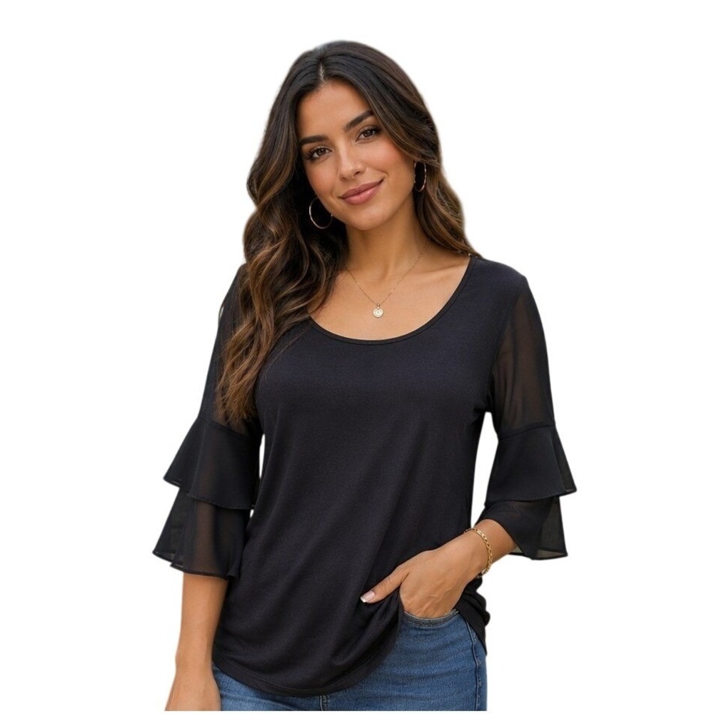 BCBGeneration NWT Black Sheer Tiered Ruffle‎ Sleeve Scoop Back Top KRK12806 S